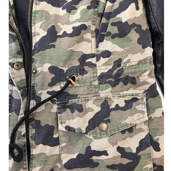 Blanc Noir Camo Anorak Utility Jacket Full Zip Black Faux Leather Sleeves Small - Picture 7 of 14